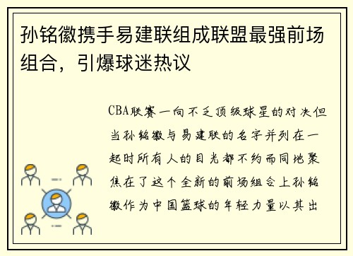 孙铭徽携手易建联组成联盟最强前场组合，引爆球迷热议