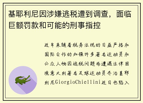 基耶利尼因涉嫌逃税遭到调查，面临巨额罚款和可能的刑事指控