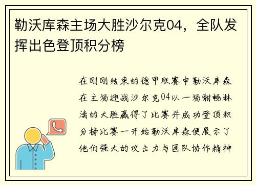 勒沃库森主场大胜沙尔克04，全队发挥出色登顶积分榜