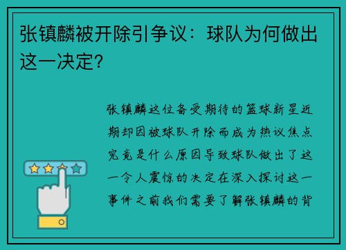 张镇麟被开除引争议：球队为何做出这一决定？