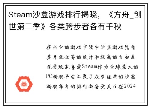 Steam沙盒游戏排行揭晓，《方舟_创世第二季》各类跨步者各有千秋